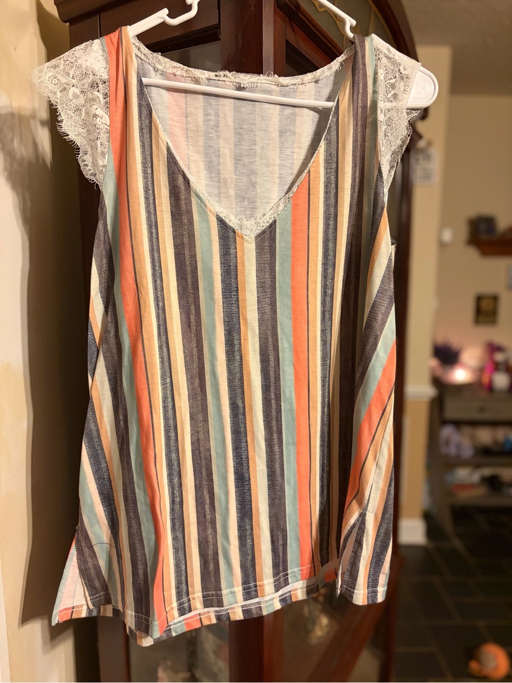 Striped Lace-Trim Sleeveless Top in Coral Multi
